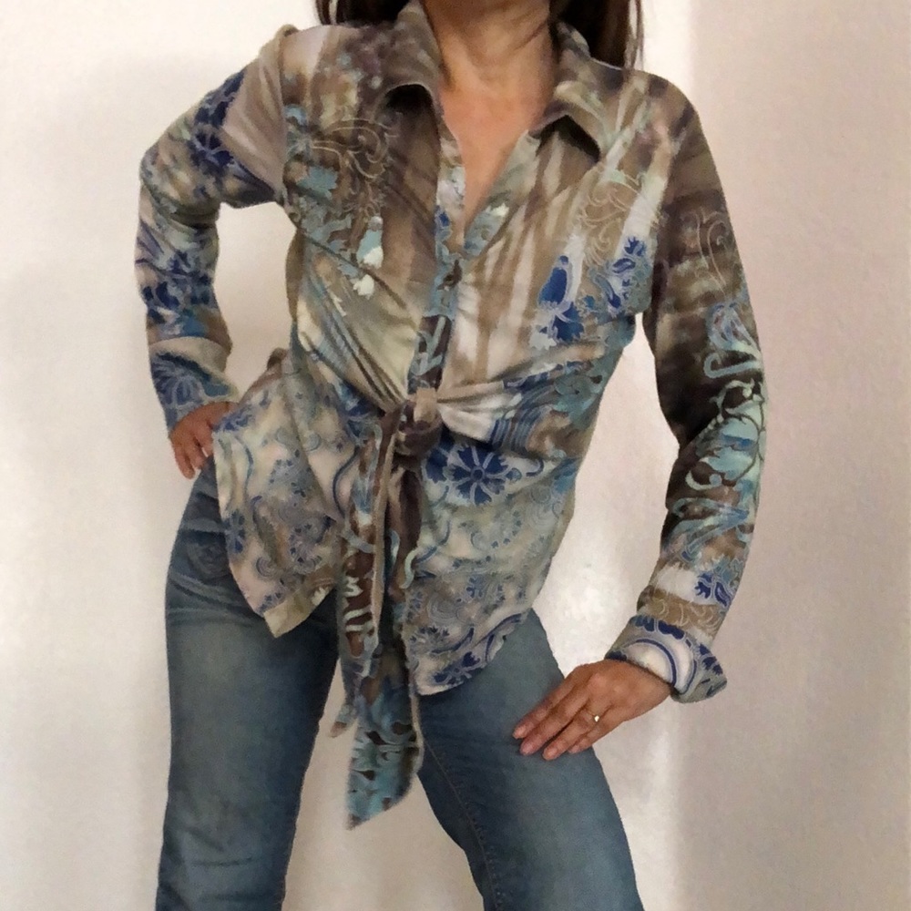 Boho Chic Floral Vintage Tie-In-Front Blouse